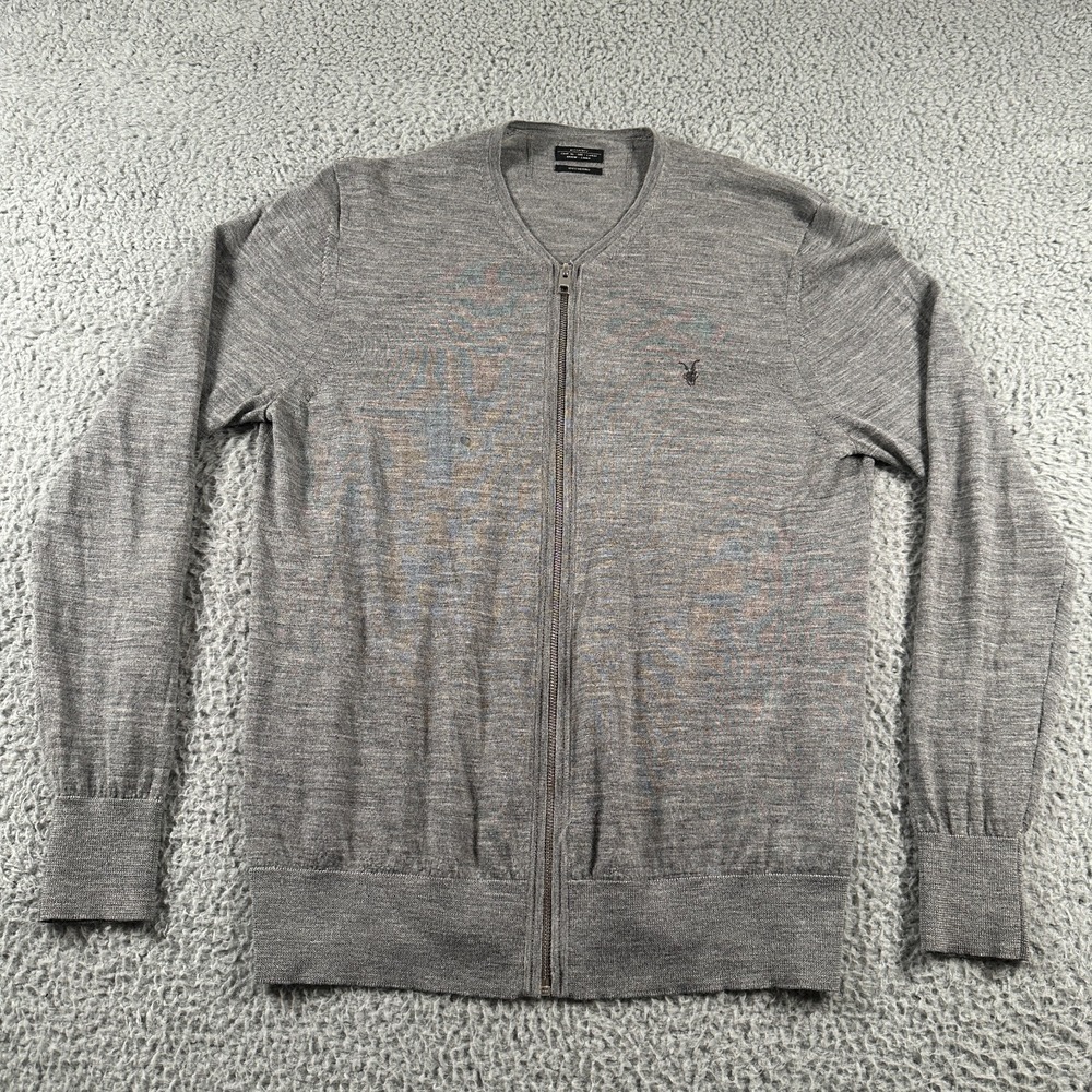 All Saints Sweater Full Zip Merino Wool Mens Large Grey Knit Rams Skull Flaw‎
